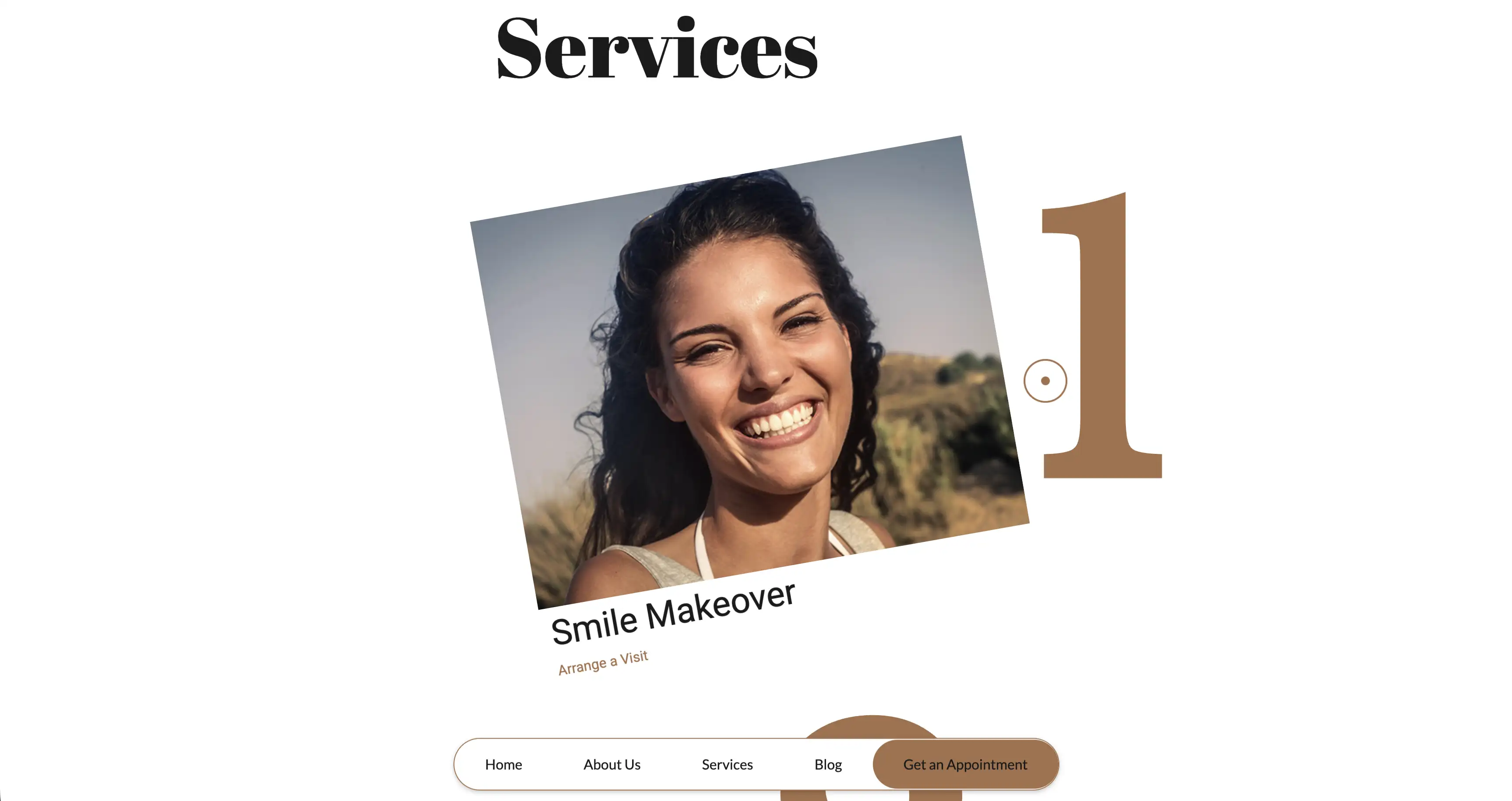 Smiling woman with curly hair outdoors, promoting a Smile Makeover service with navigation menu below.