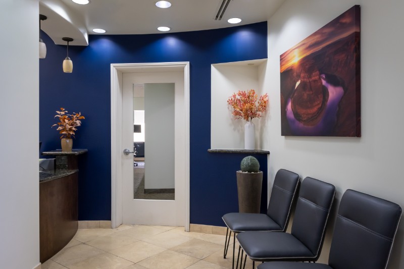 Modern office waiting area with three black chairs, a blue accent wall, decorative plants, and a scenic canyon sunset picture.