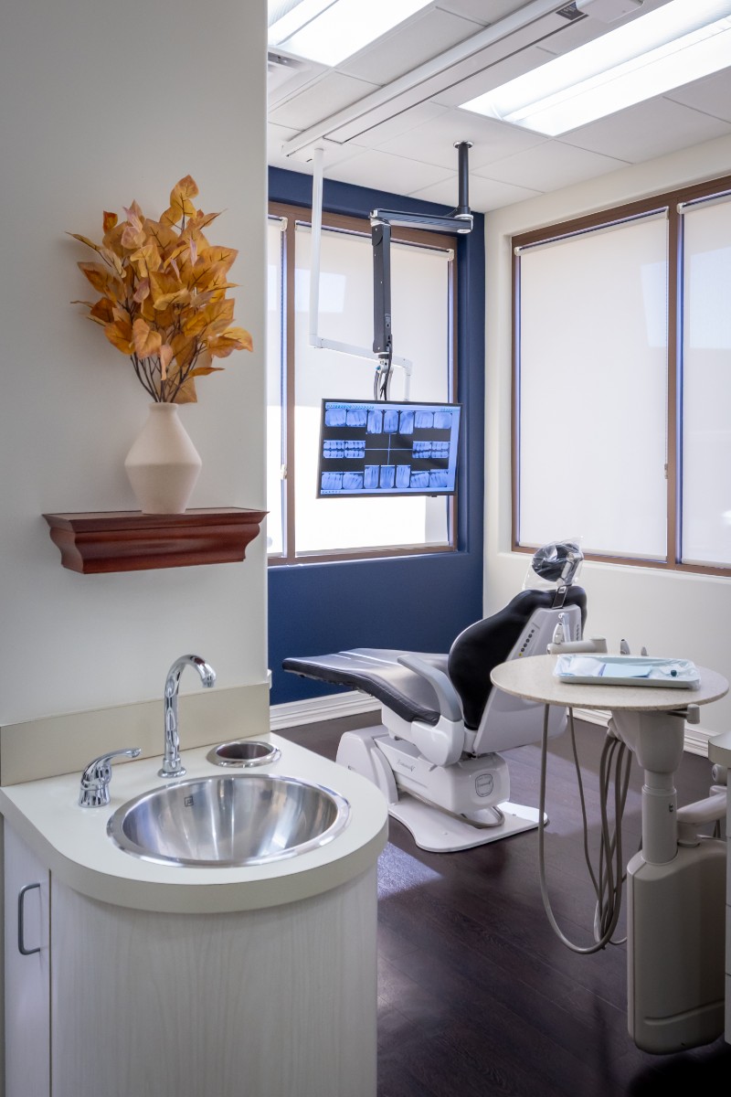 Modern dental exam room with a dental chair, mounted monitor showing dental X-rays, sink, and a vase with autumn leaves on a wall shelf.