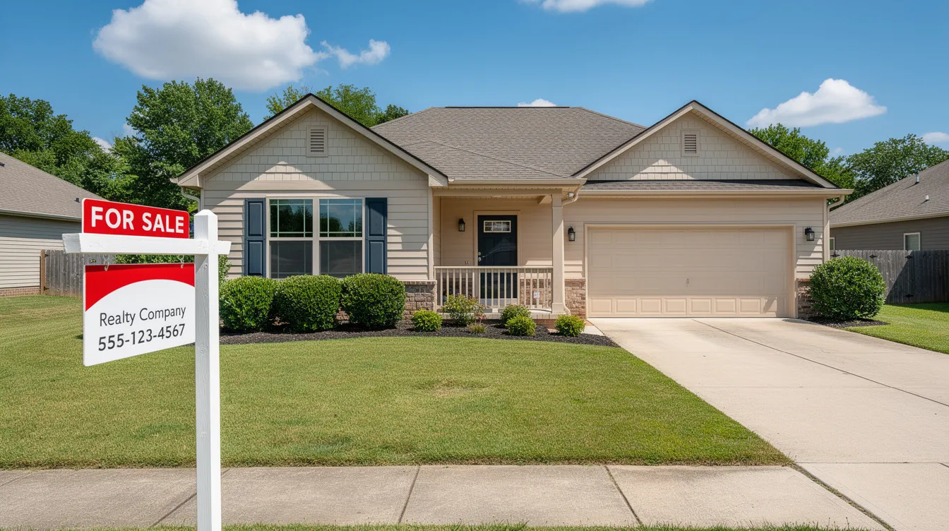 The image depicts a charming residential house with a "For Sale" sign prominently displayed in the front yard, situated on a sunny suburban street. This scene reflects the vibrant housing market, where potential buyers may consider financing options like bridge loans to facilitate their home purchase during the transition period.