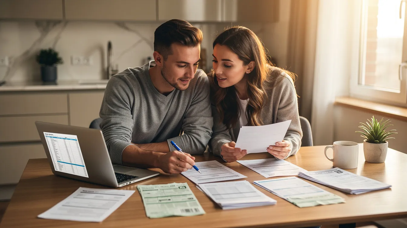 A couple sits at a kitchen table, deeply engaged in reviewing financial paperwork related to their home purchase, discussing major financial decisions such as down payment options and mortgage payments. The scene captures the importance of understanding bridge loans and the entire process of transitioning from their current home to a new property in the housing market.
