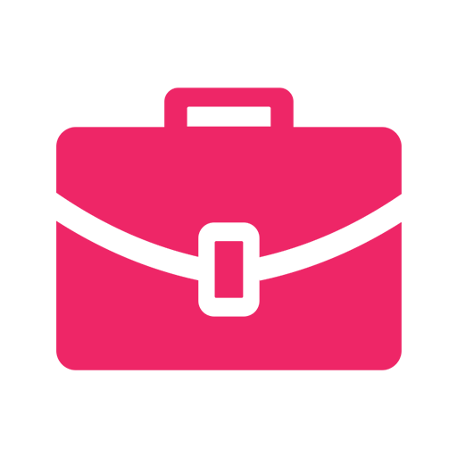 Solid pink briefcase icon with handle and clasp.