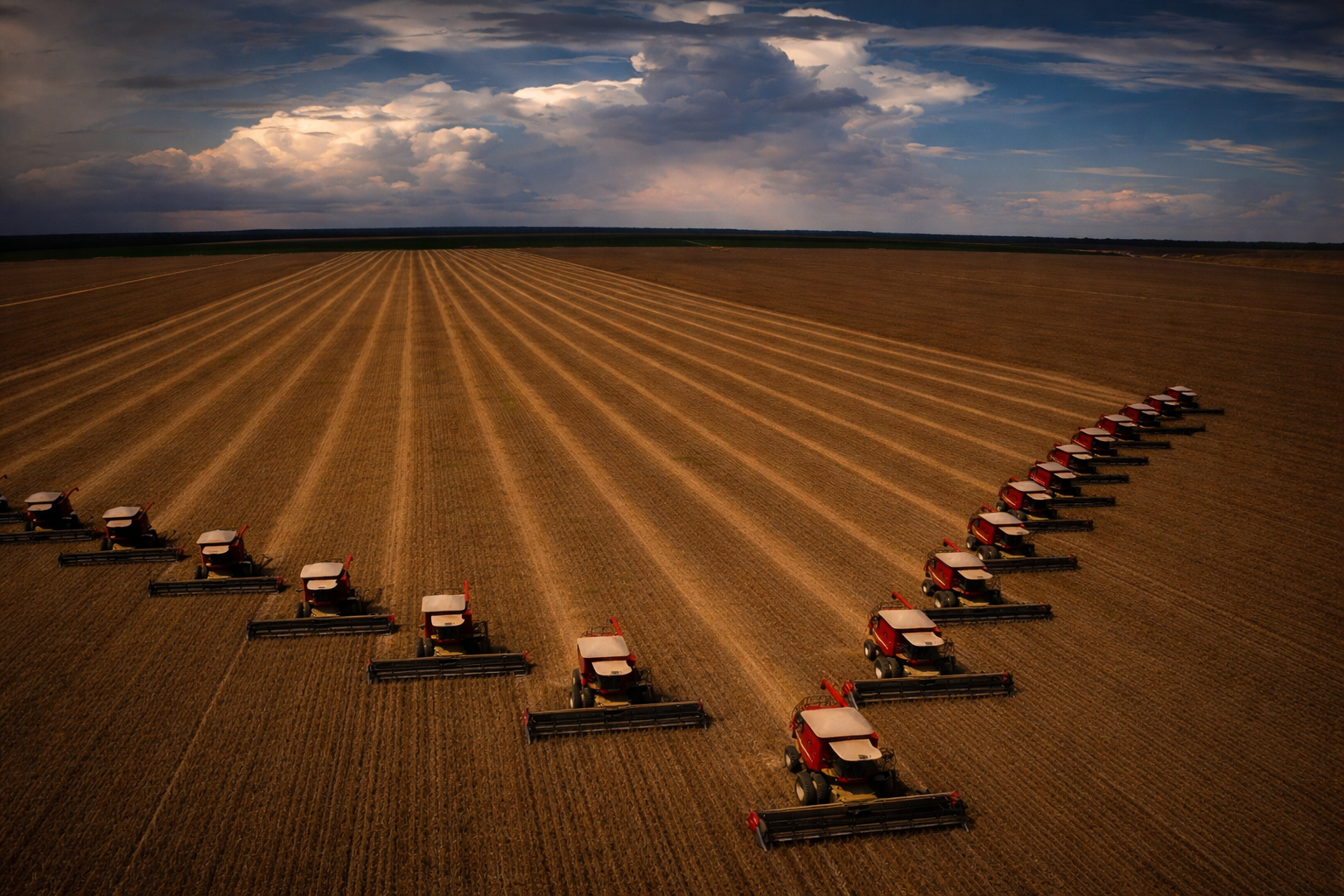 Agricultural field with aligned farm equipment used in crop production