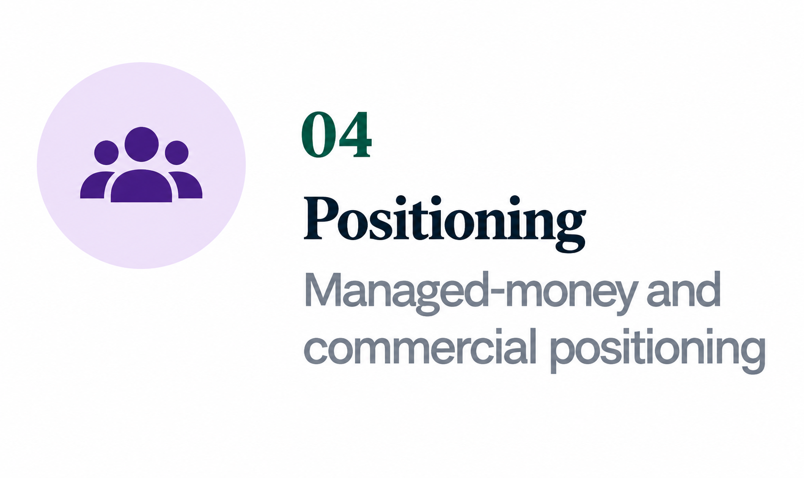 Purple icon of three people inside a lavender circle next to the text '04 Positioning Managed-money and commercial positioning' in bold and gray fonts on a white background.