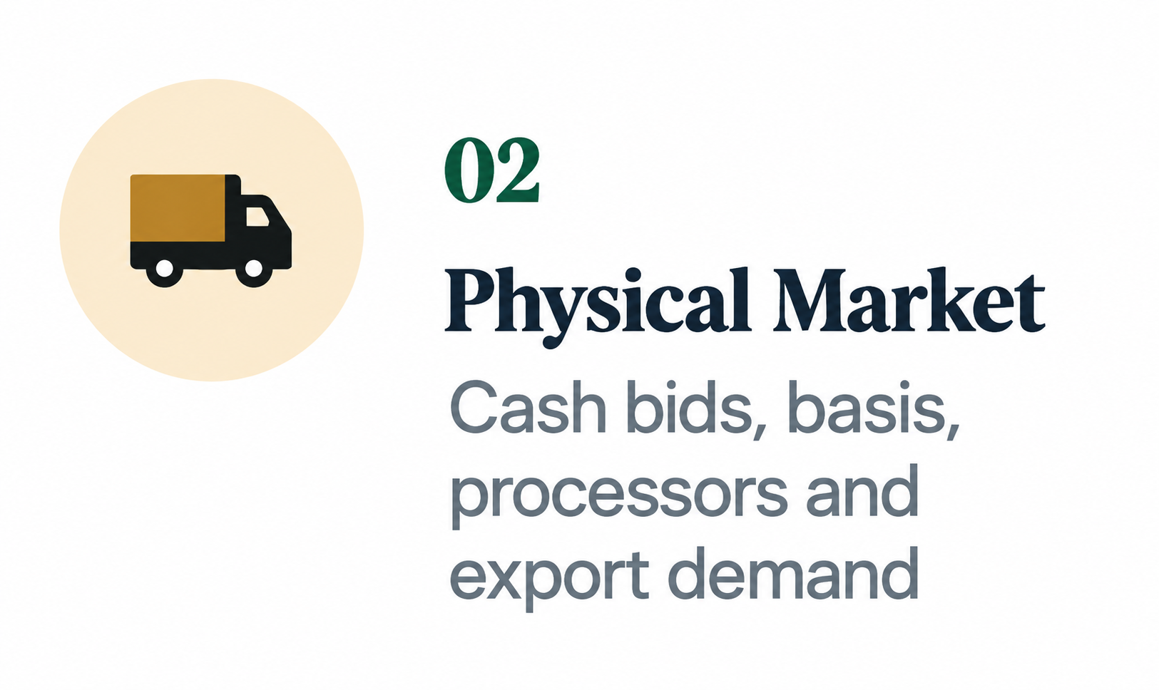 Icon of a delivery truck next to text reading '02 Physical Market' with a subheading 'Cash bids, basis, processors and export demand.'