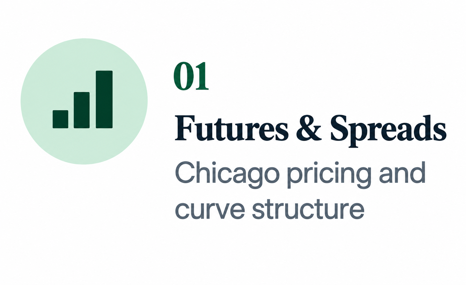 Icon of three vertical bars increasing in height next to text that reads: 01 Futures & Spreads Chicago pricing and curve structure.