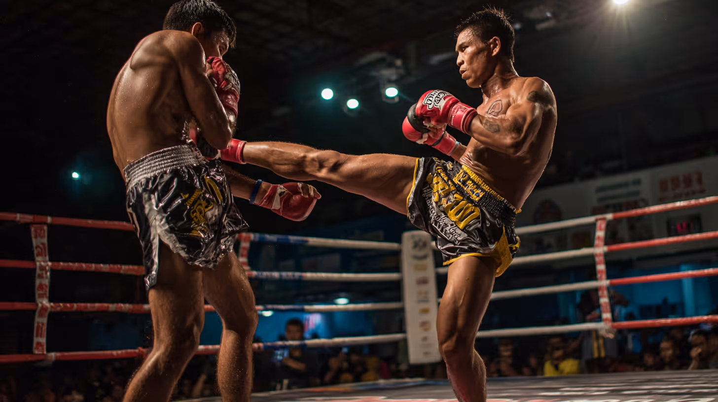Two male Muay Thai fighters in a ring during a match, one delivering a high kick to the other's face captured with Adrenaline Plus