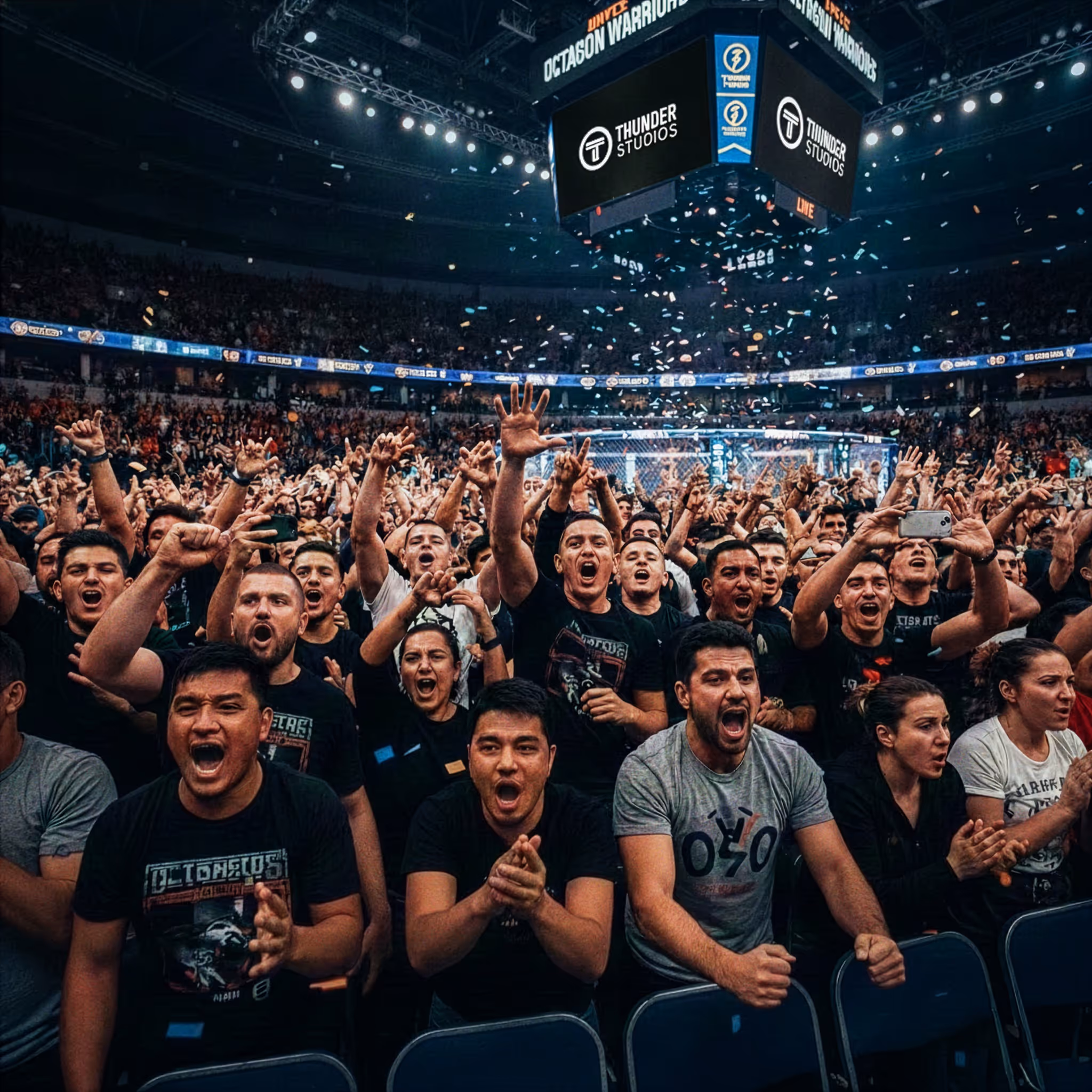 Excited crowd cheering and raising hands inside an arena around an octagon fighting cage with confetti in the air during a live event at Thunder Studios with Adrenaline Plus