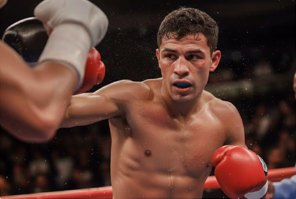 Boxer with red gloves and mouthguard dodging a punch in a boxing ring Live from Adrenaline Plus, ai mock