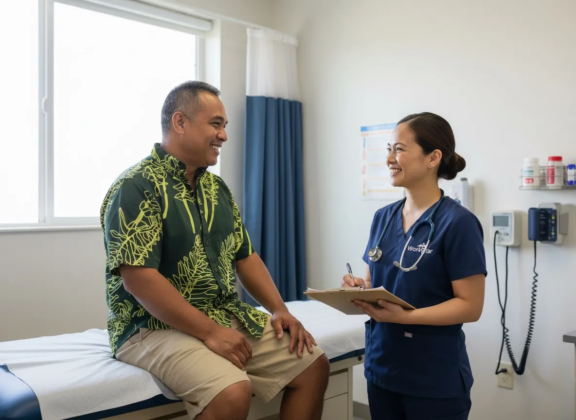 Healthcare provider reviewing treatment notes with a patient in a clinic room