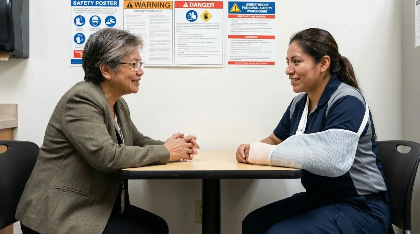 Two women smiling and talking across a table; one has an arm in a sling, sitting in a workplace room.
