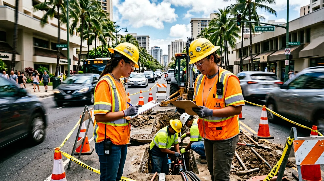 Two construction workers in orange vests hold clipboards at a street worksite with traffic and city buildings.