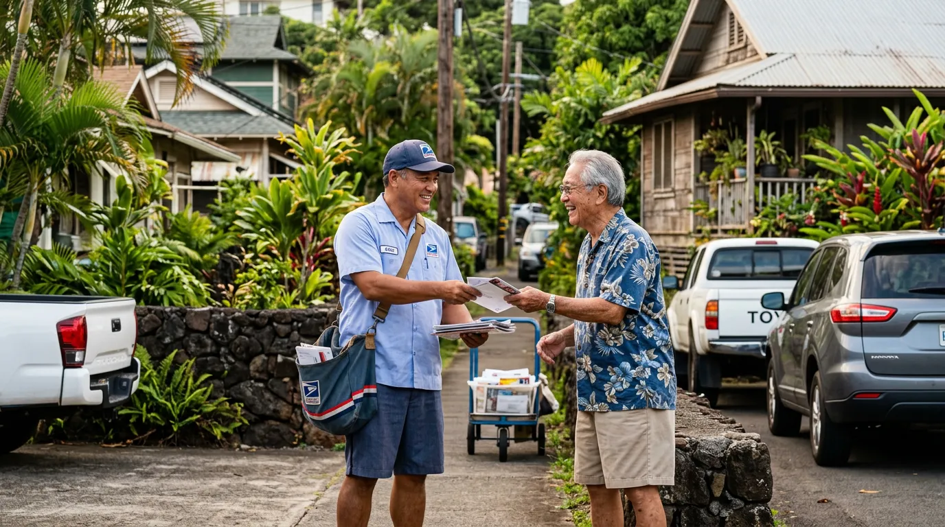Mailman in blue uniform handing letters to an elderly man on a residential street with greenery.