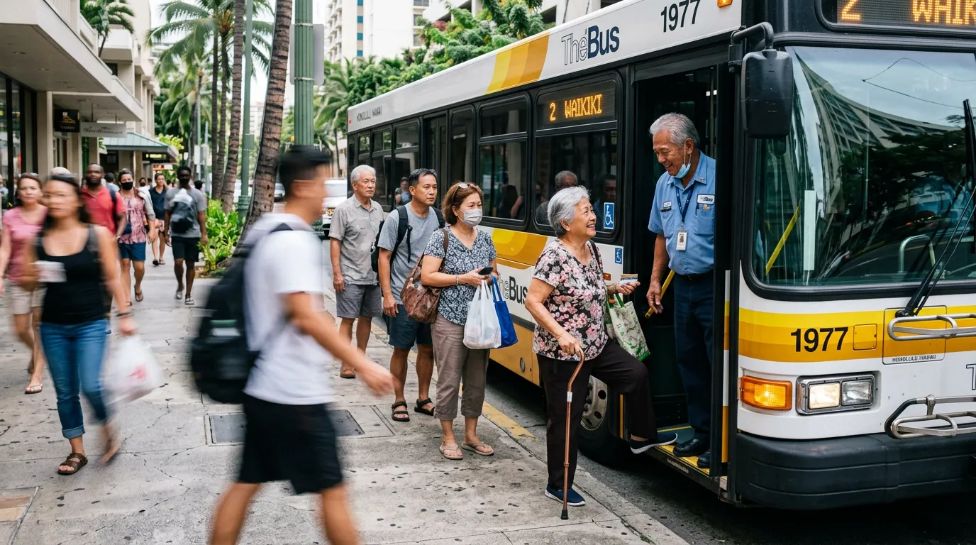 People boarding TheBus route 2 to Waikiki, with a bus driver assisting an elderly woman at the door.