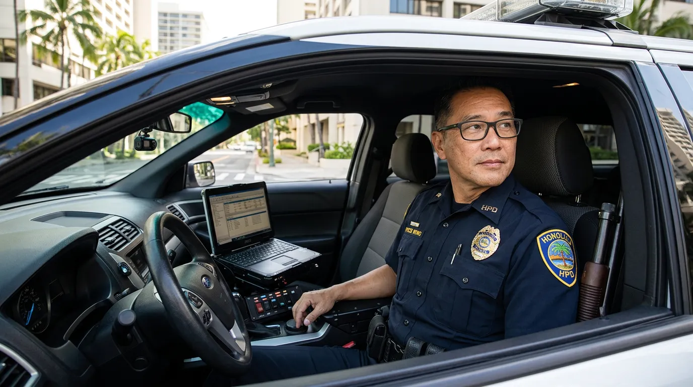 Honolulu police officer in uniform sitting in patrol car with laptop on console.