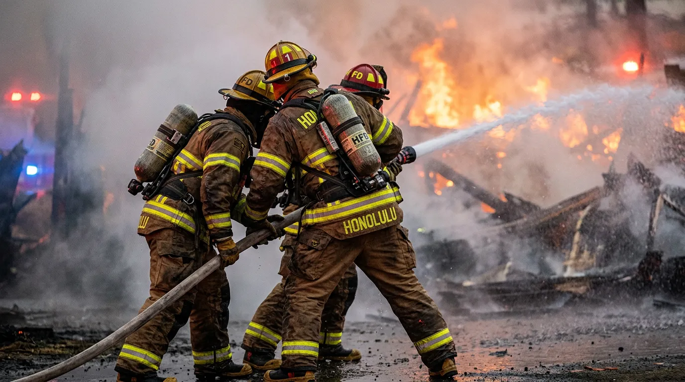 Three firefighters in Honolulu gear spray water on a large fire and smoke at a wooden debris site.