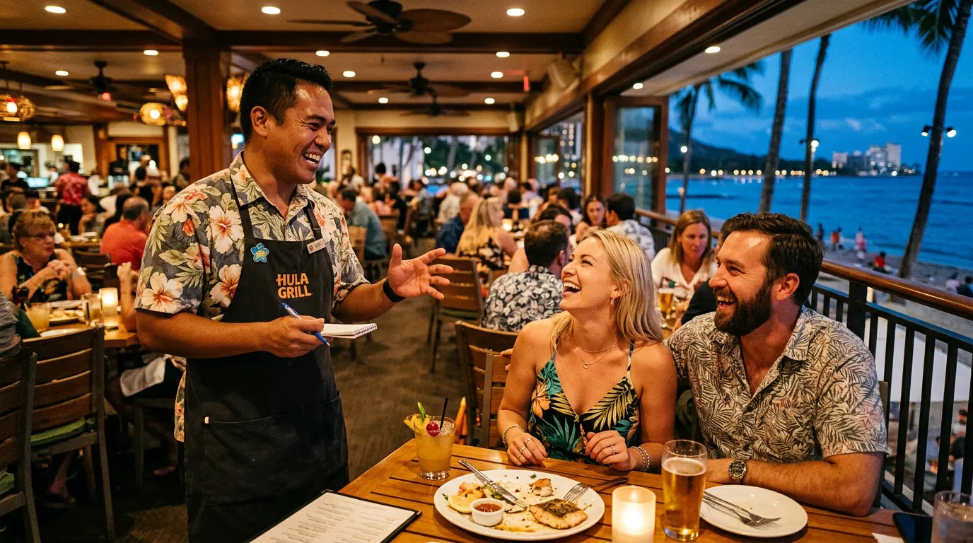Smiling waiter taking order from laughing couple at a restaurant terrace overlooking a beach at dusk.