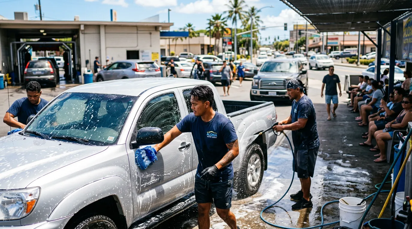 Three workers washing a silver pickup truck at a busy car wash on a sunny day.