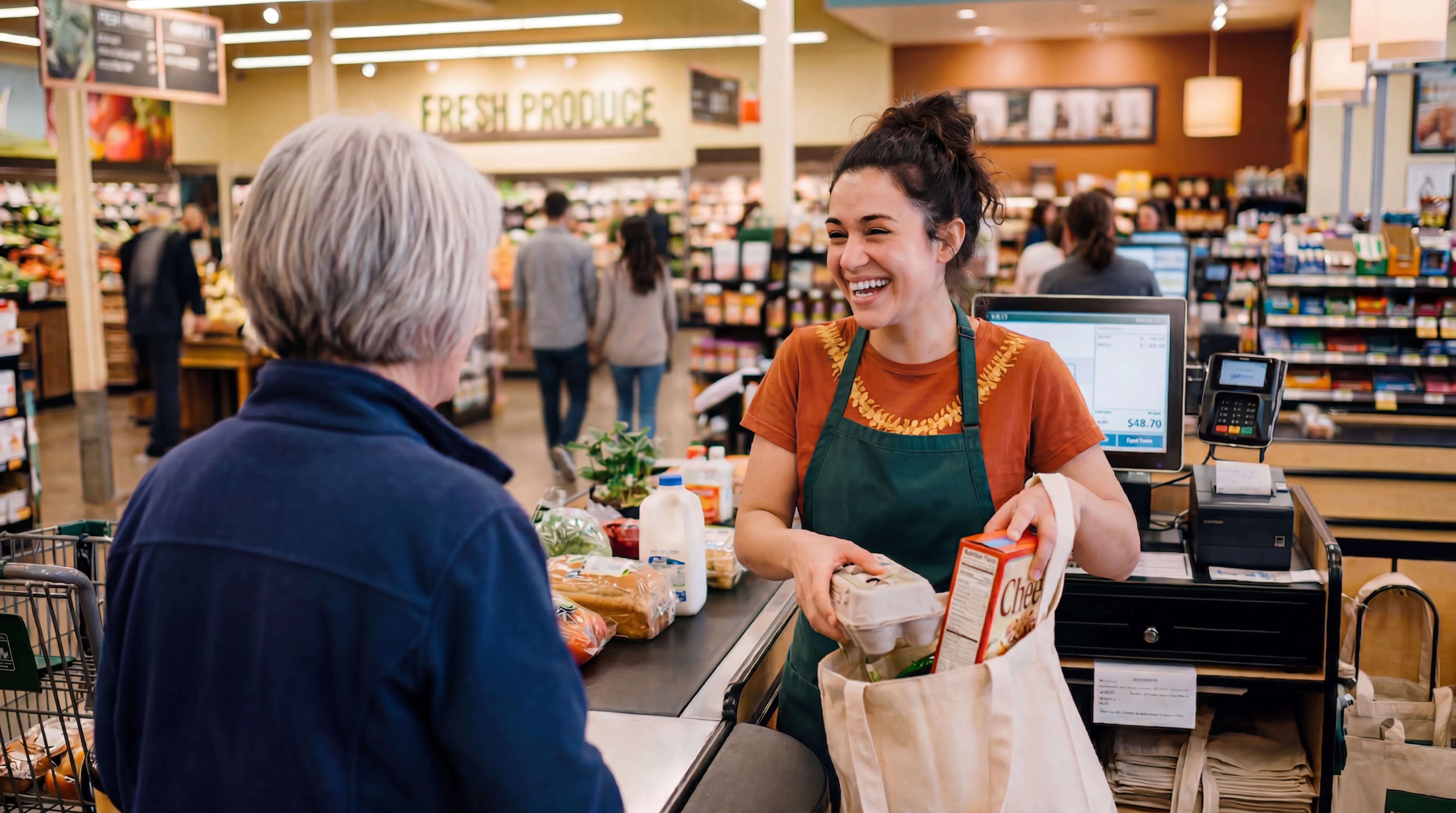 Smiling grocery cashier packing items into a reusable bag for a customer at checkout.