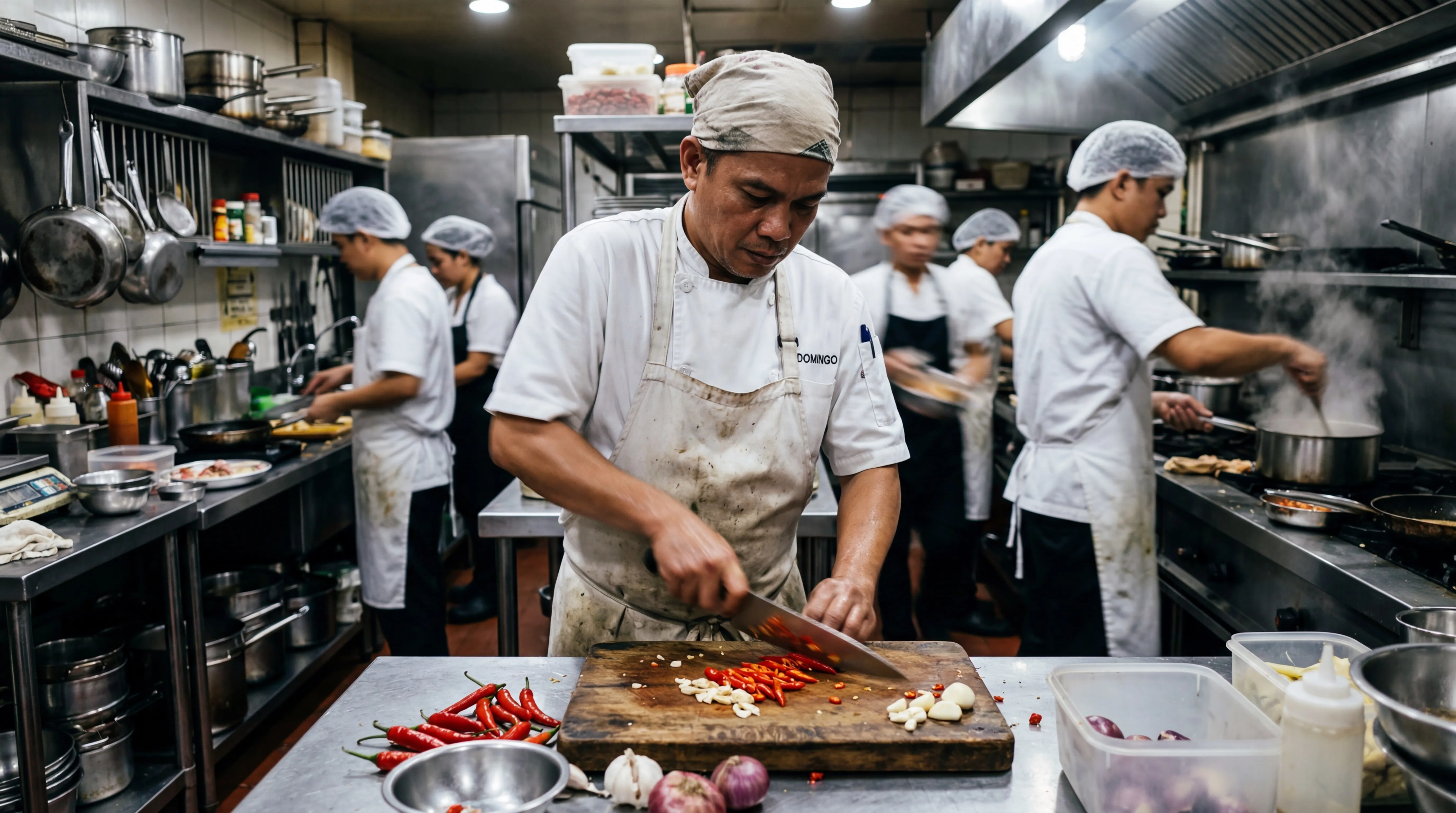 Chef in a busy kitchen chopping red chili peppers and garlic on a cutting board.