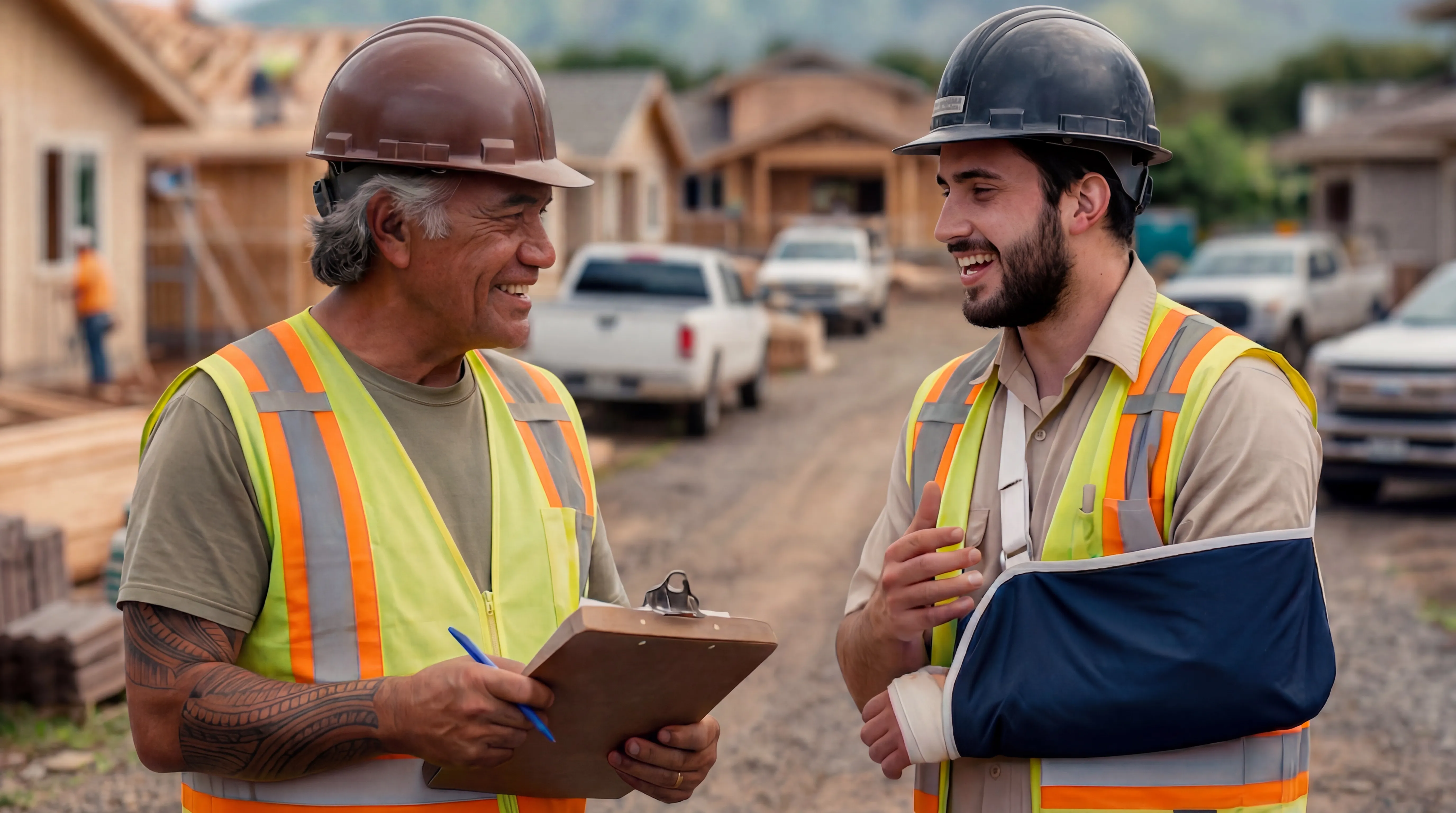 Construction worker with an arm injury in a sling talking with a coworker on a job site