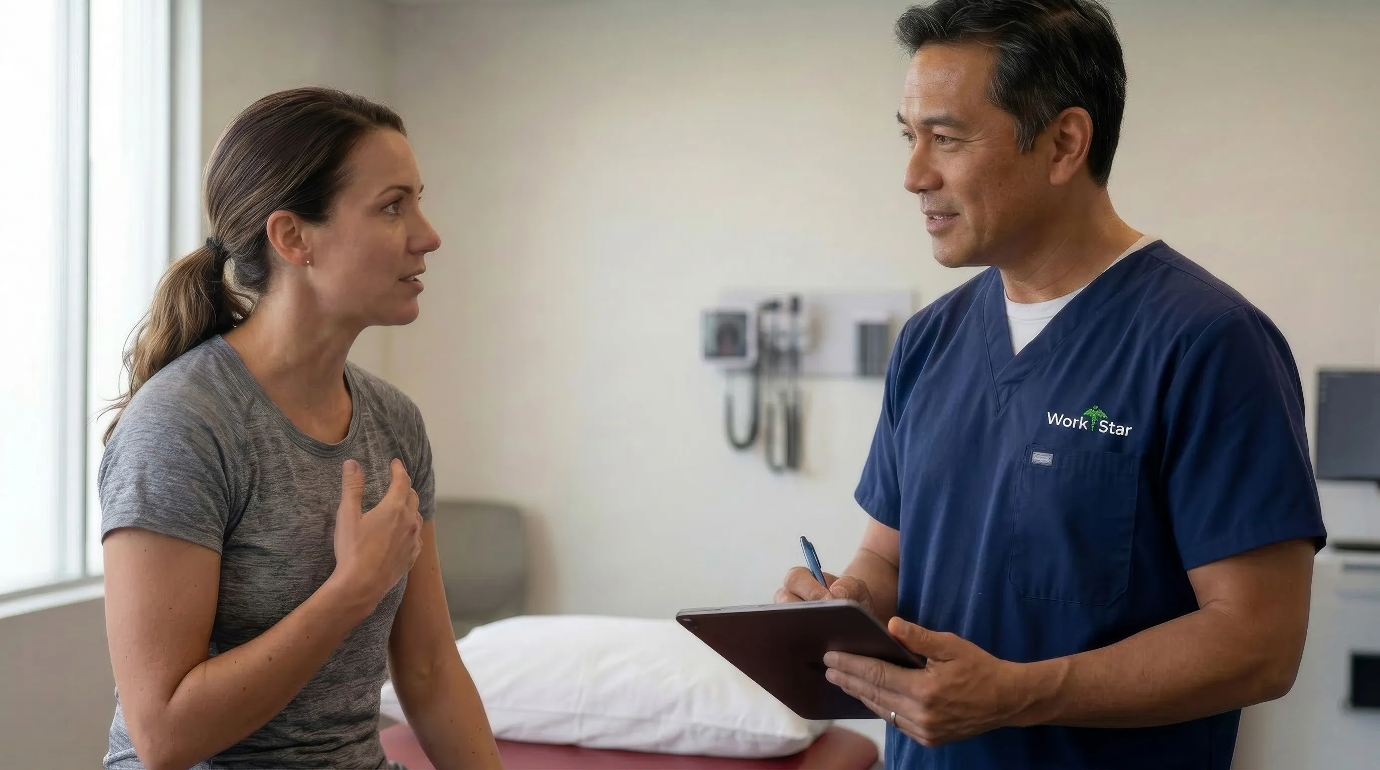 Woman in gray shirt talking to male medical professional in navy scrubs holding a clipboard.