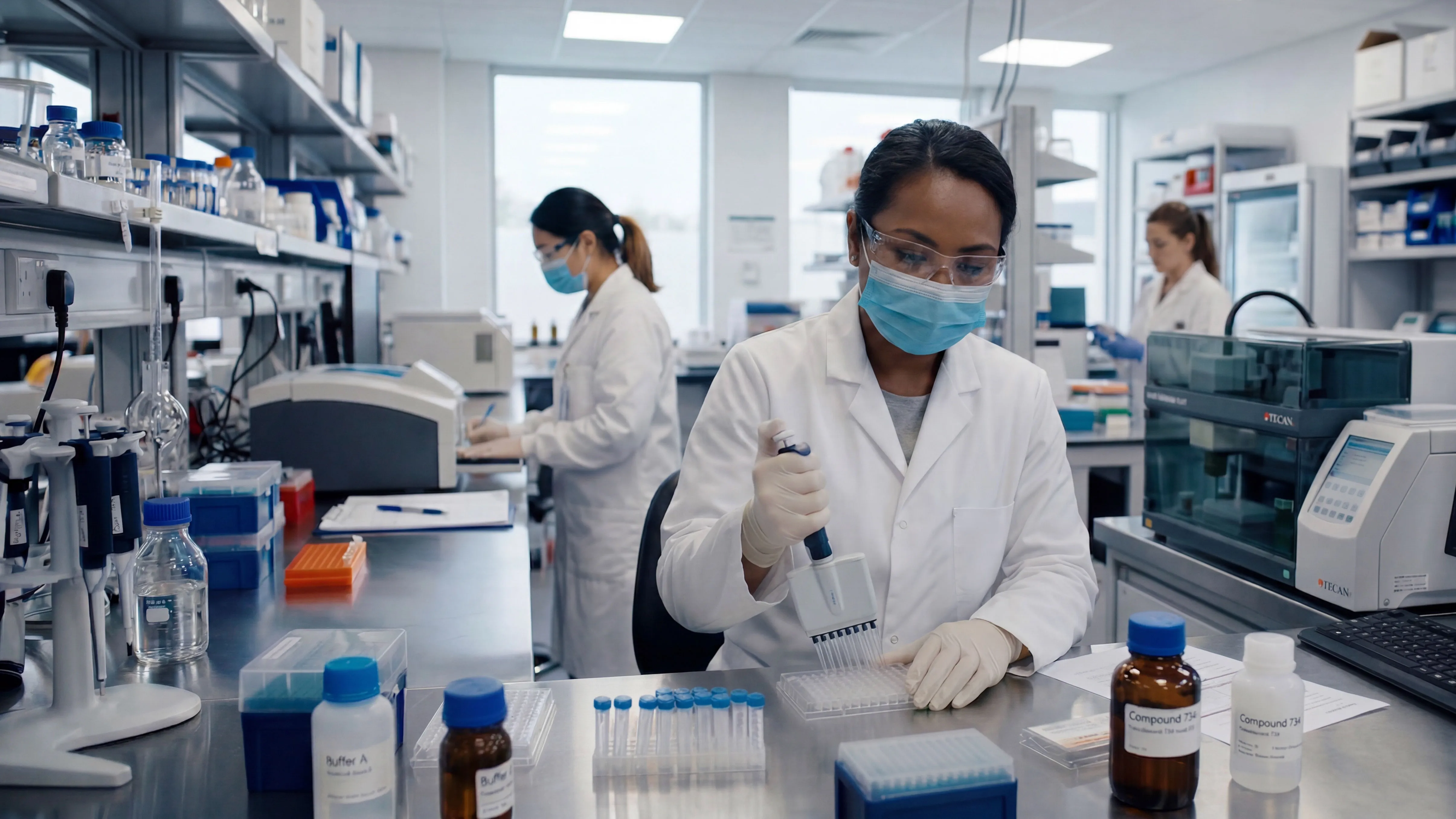 Lab staff member in protective gear preparing samples for workplace service testing