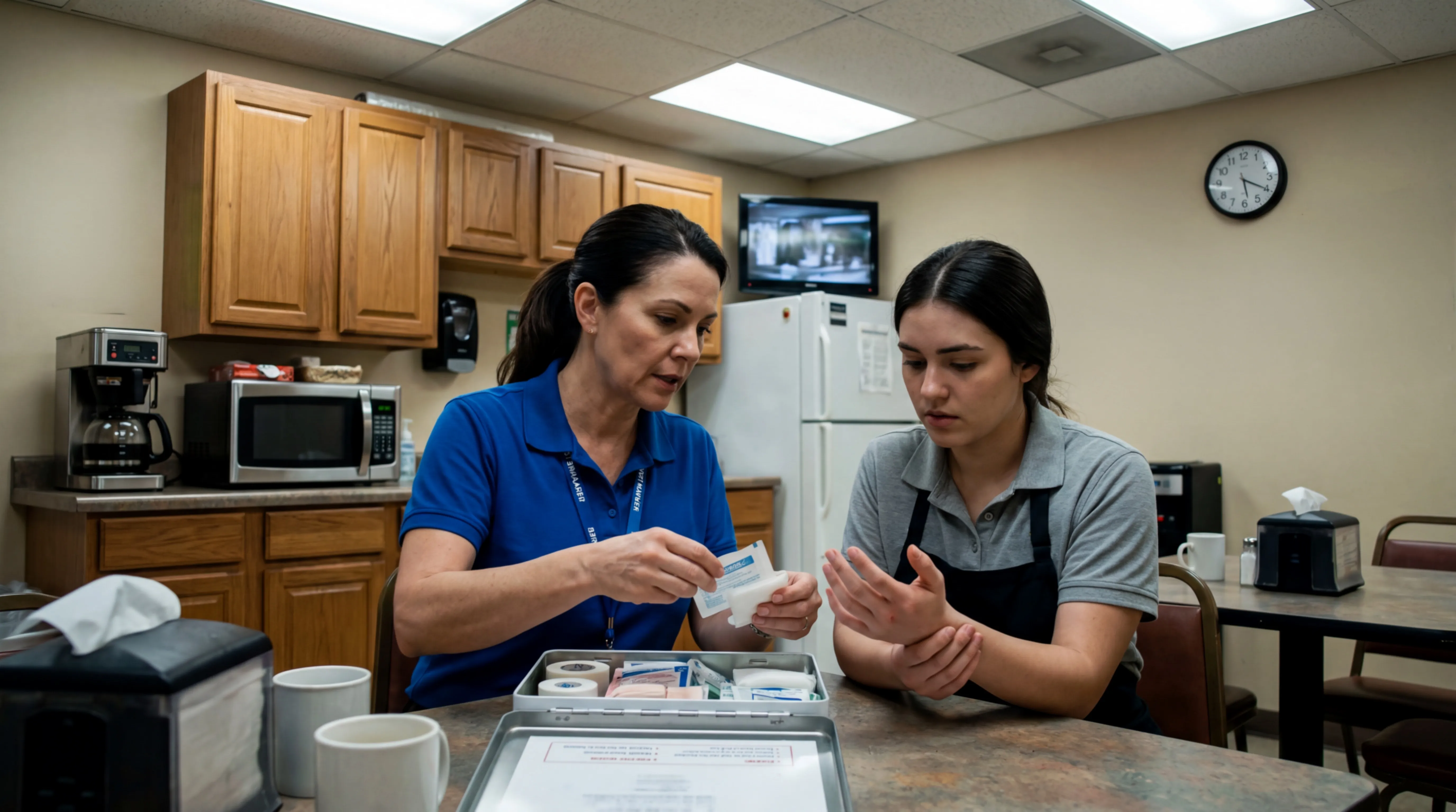 Woman in blue shirt helping another woman treat a wrist injury using a first aid kit in a break room.