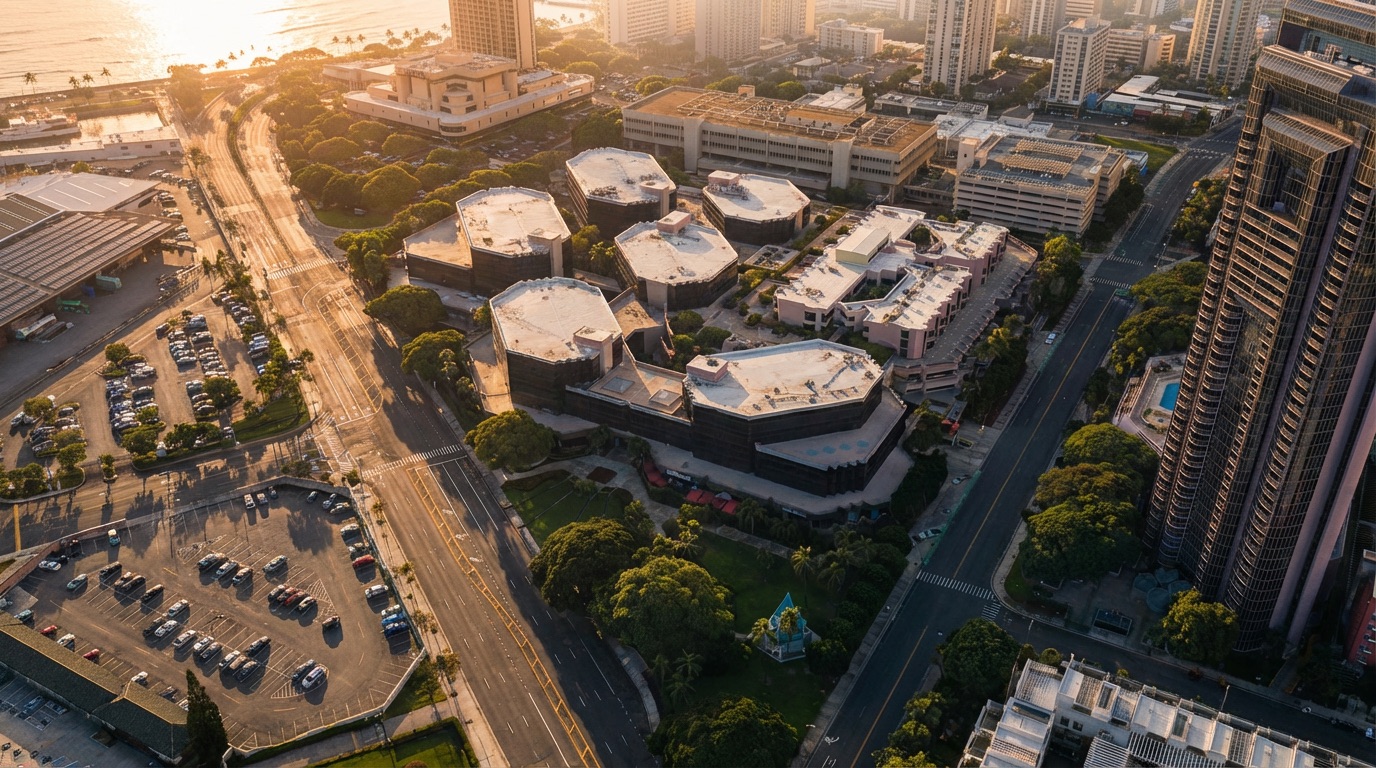 Aerial view of the WorkStar Honolulu clinic location and surrounding city