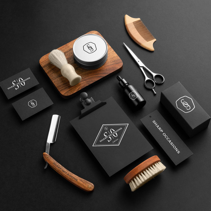 Sharp Occasions Logo on Barbershop Tools