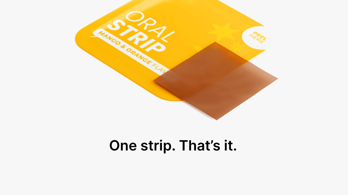 Orange-yellow package labeled 'Oral Strip Mango & Orange Flavor' with a brown dissolvable strip partially peeled off, above text: 'One strip. That’s it.'