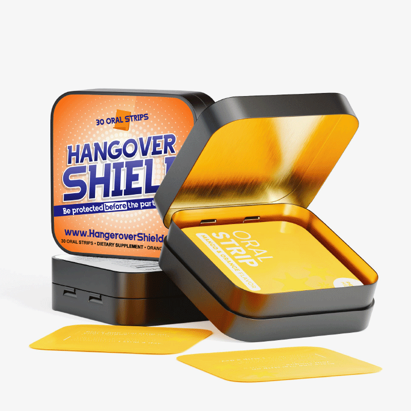 Open and closed black tins containing yellow mango and orange flavored oral strips labeled Hangover Shield.