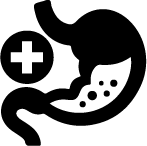 Icon of a stomach with a medical cross symbol, representing digestive health.