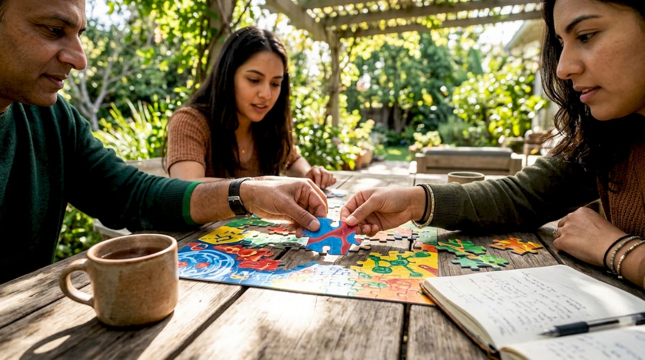 Hands assembling interconnected physiological system puzzle