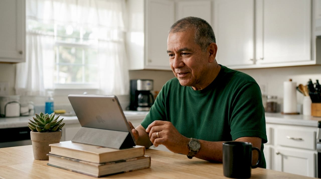Older man accessing telehealth in rural home office