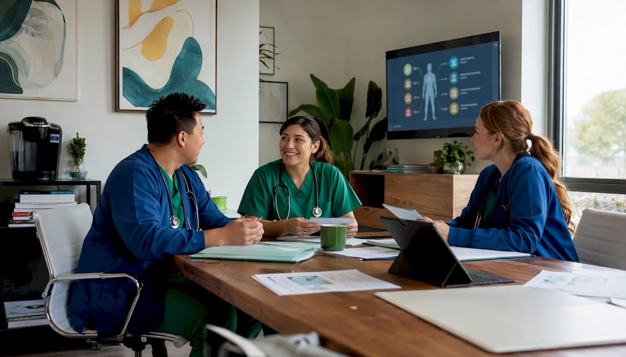 Healthcare team discussing telehealth clinical services