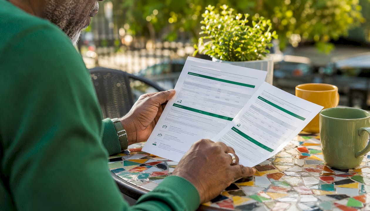 Hands comparing insurance plan documents overhead view