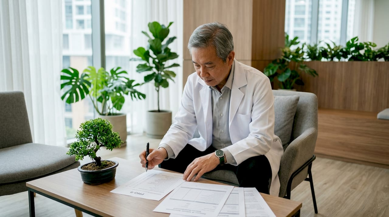 Psychiatrist reviewing depression assessment forms