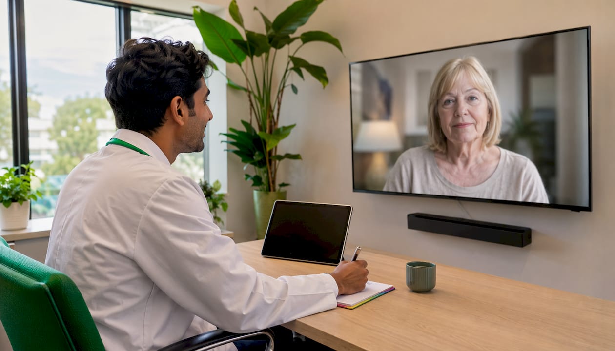 Doctors communicating remotely by video call