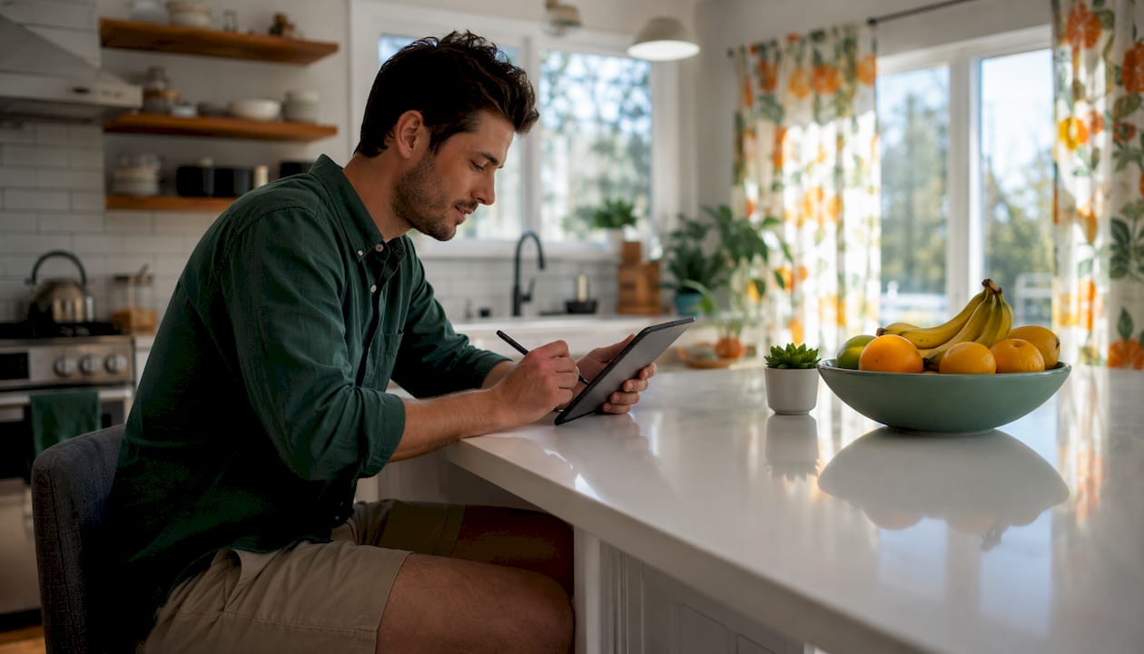 Patient completing intake form on tablet at home