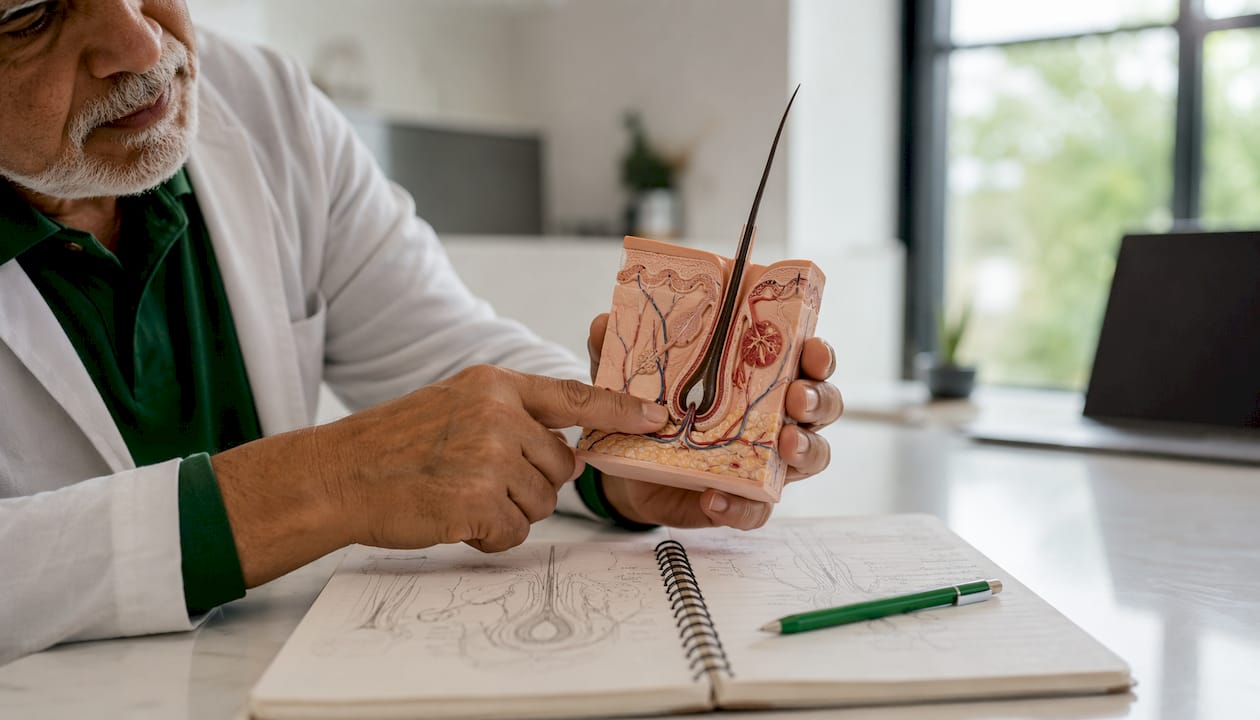 Hands demonstrating hair follicle model