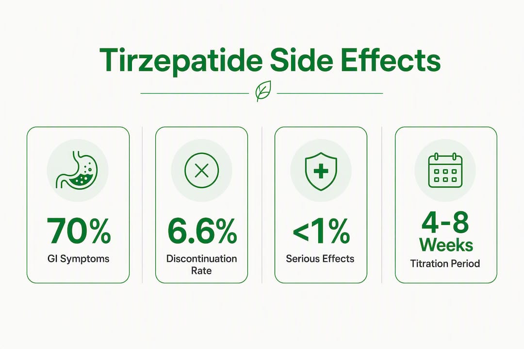 Infographic showing tirzepatide side effects statistics overview