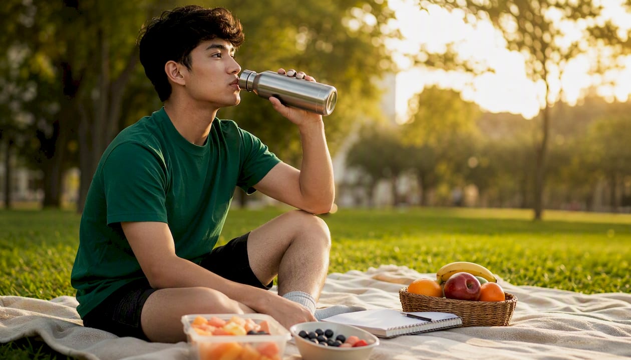 Man hydrating to manage medication side effects