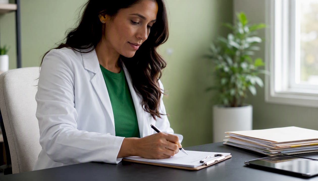 Healthcare provider taking notes during telehealth visit