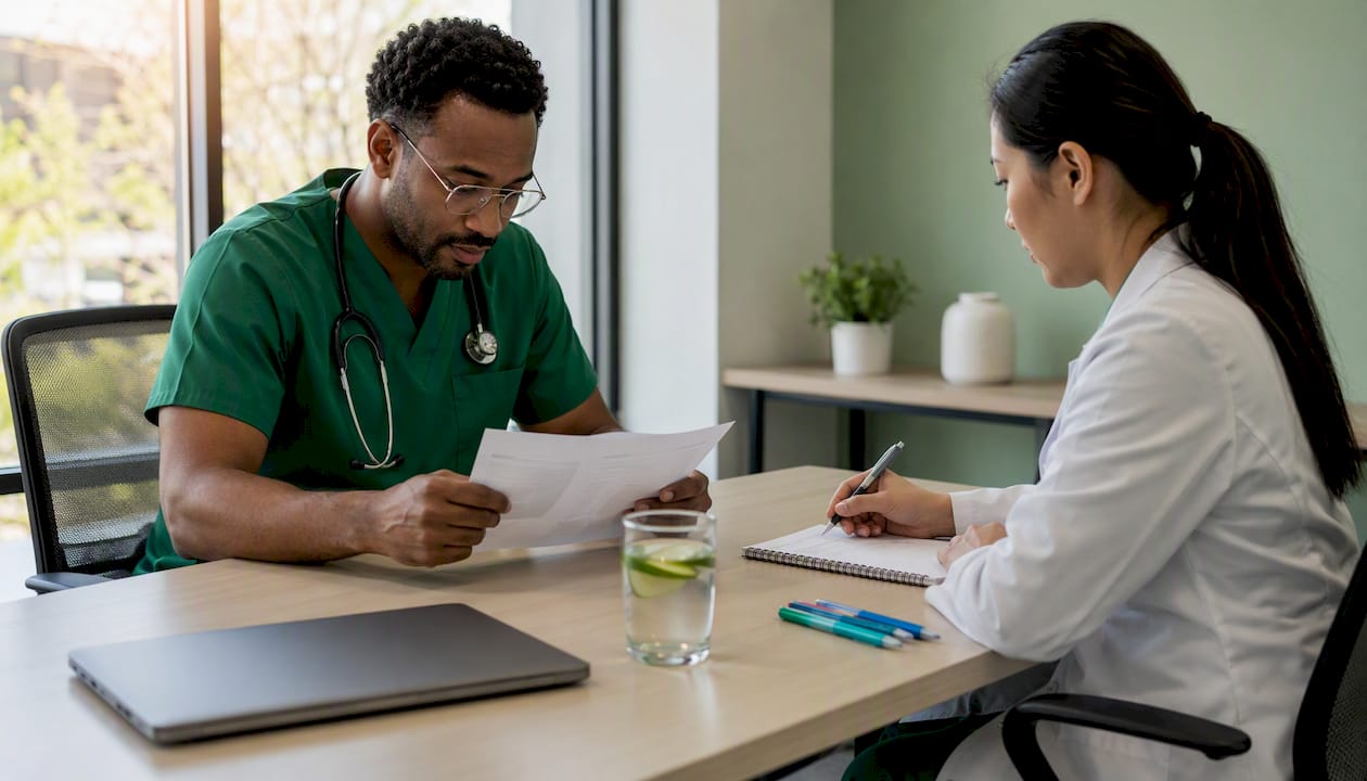 Clinicians evaluating medical data together