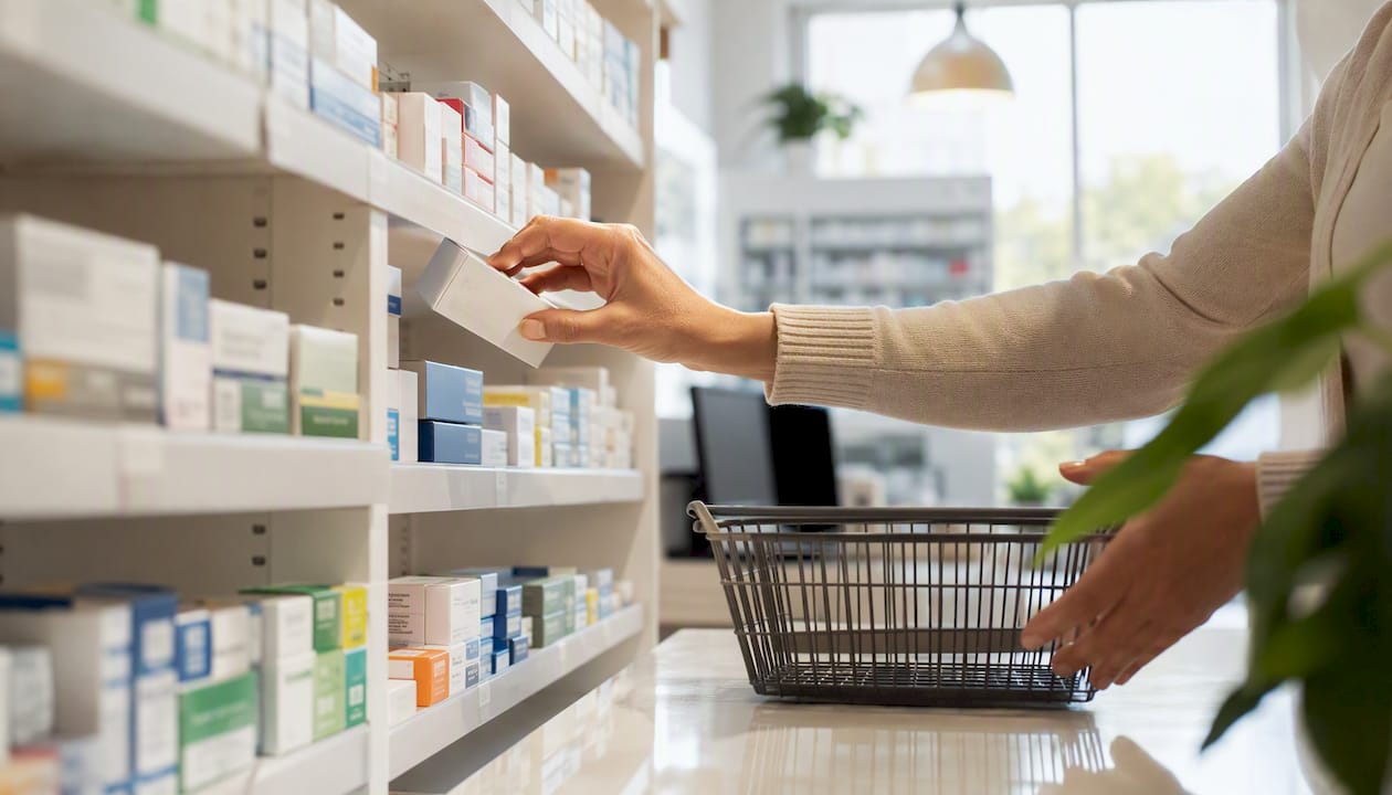 Hand selecting medication at pharmacy shelf