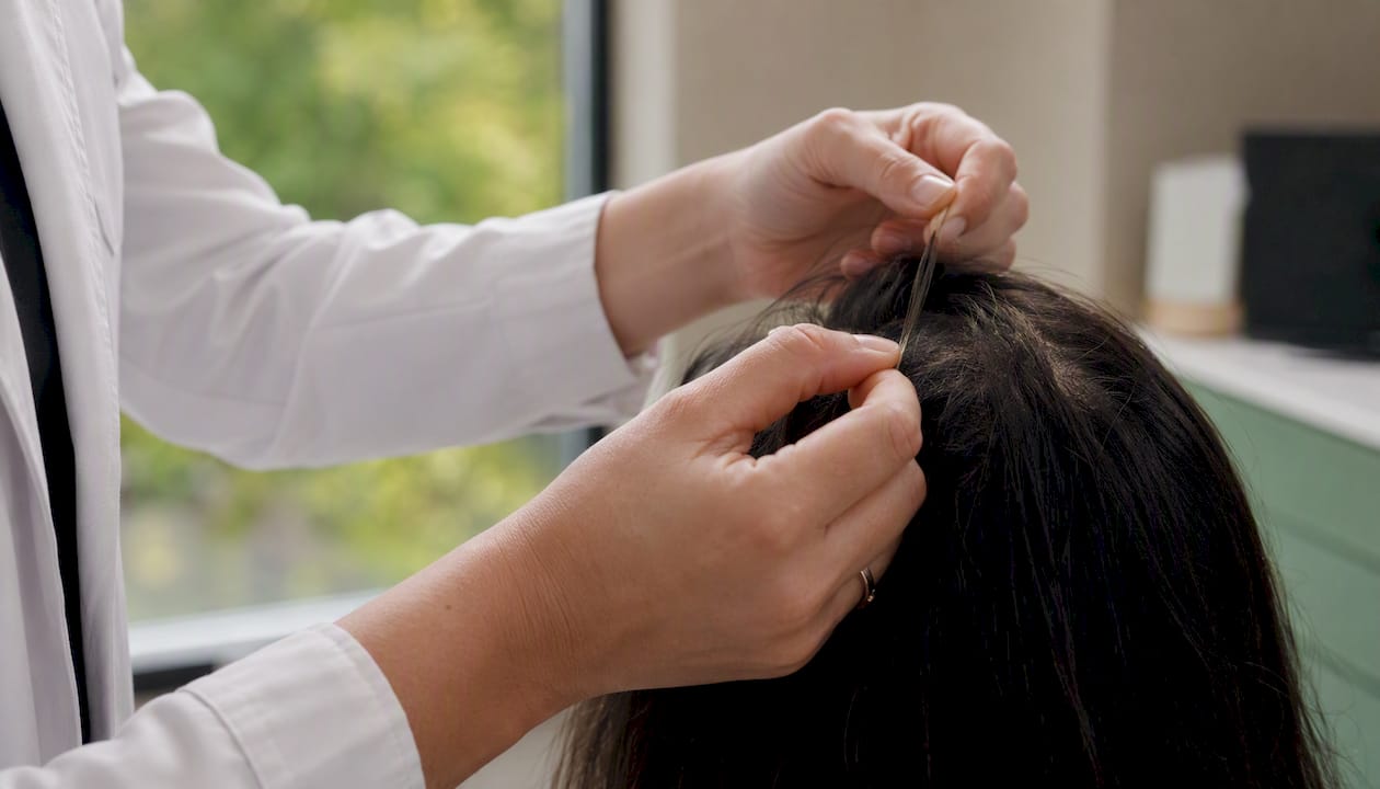Clinician’s hands performing hair pull test on scalp