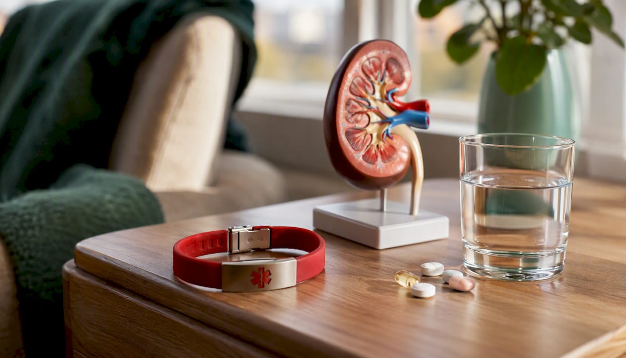 Medical alert bracelet and kidney model on table