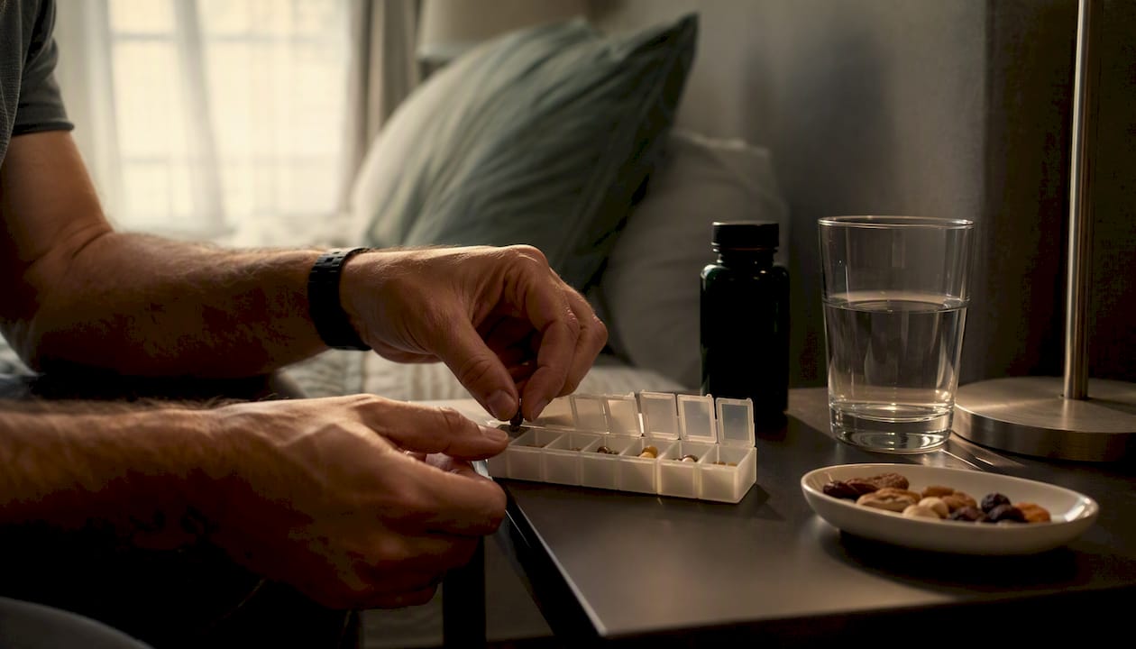 Man's hands organizing medication at home