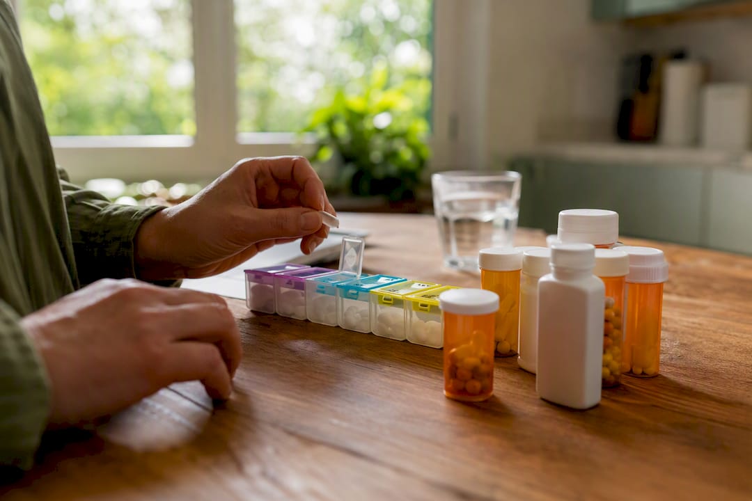 Hands organizing daily medications